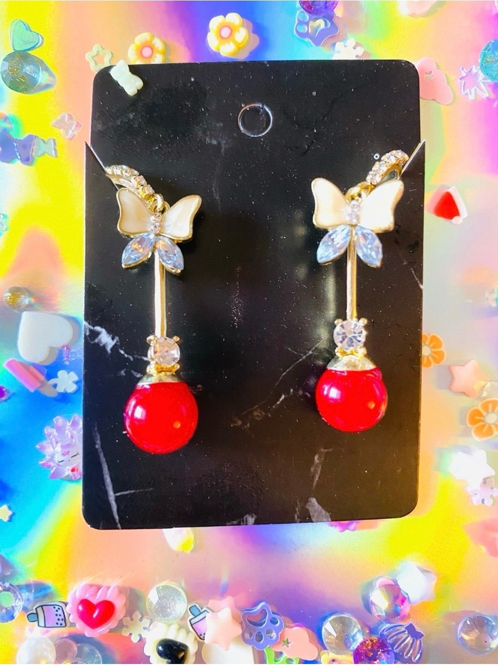 Golden Red Butterfly Pearl Earrings